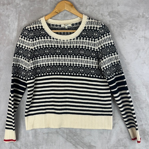 Madewell Sweaters - Madewell Merino Wool Fair Isle Striped Crewneck Sweater Black Cream B5340 Small